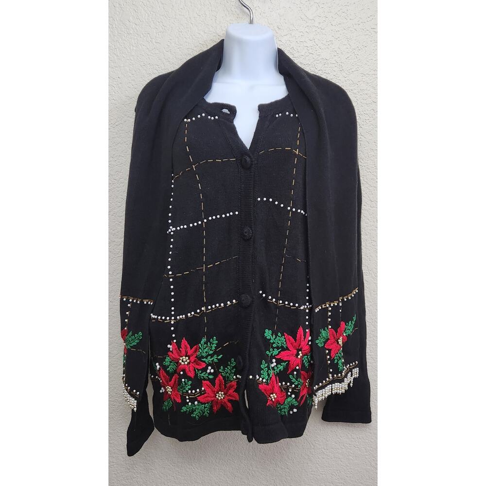 VTG Lemon Grass Black Red Christmas Poinsettia Embroidered Cardigan Sweater M